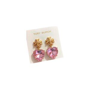 Tory Burch Pink Crystal Heart Drop Earrings – Gold Tone – Valentine’s Day